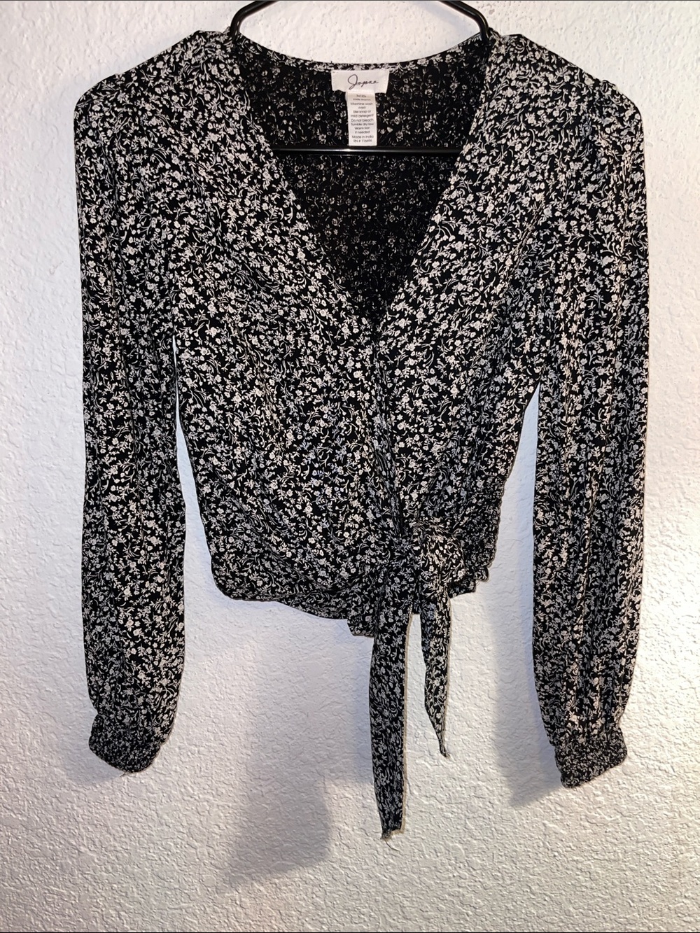 Jasmine Black and White Floral Tie-Front Wrap Blouse